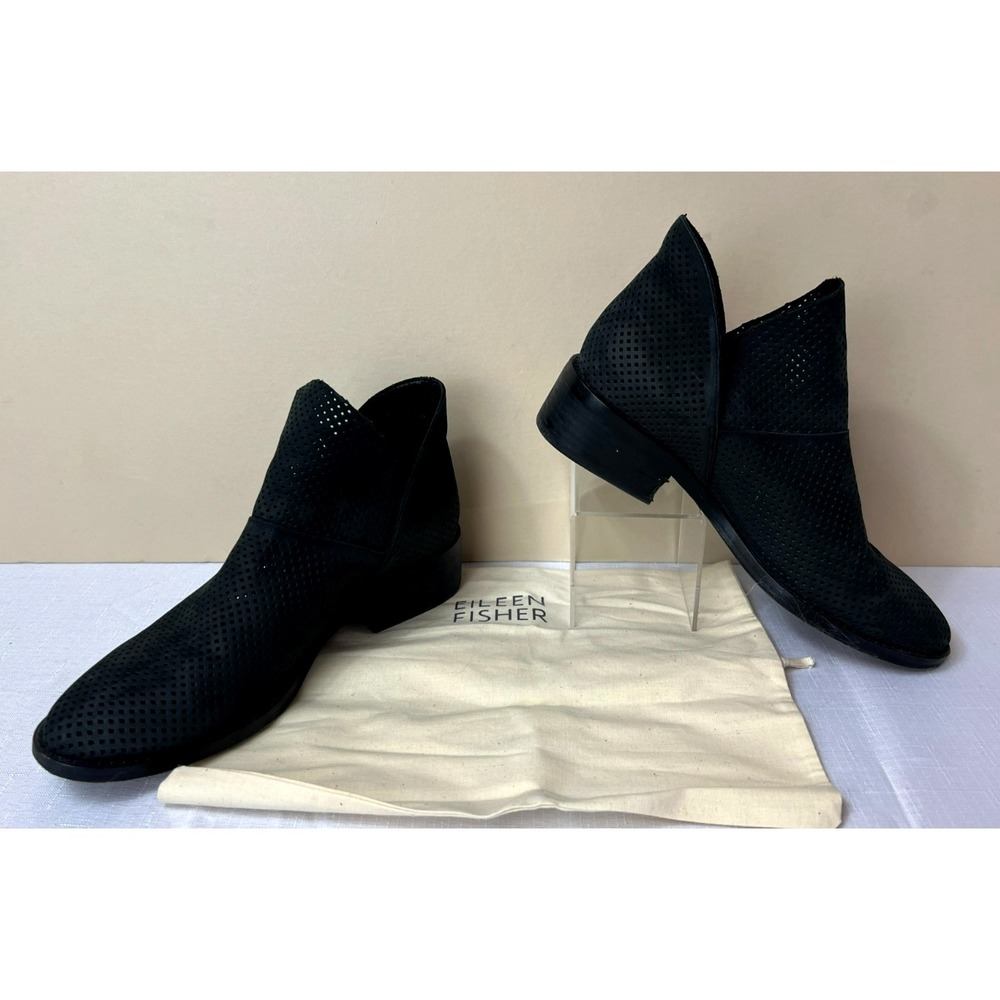 Eileen Fisher Ankle Boot Perforated Black Suede Almond Toe 2.5" Block Heel SZ 8
